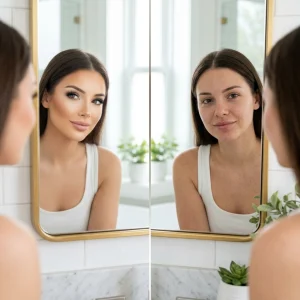 Influenceuse Instagram avant et après mise en beauté illustrant les perceptions autour de la chirurgie esthétique sur les réseaux sociaux.